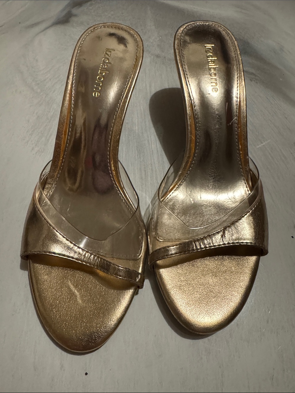 Liz Claiborne Metallic Gold Slide Mules with Clear Upper